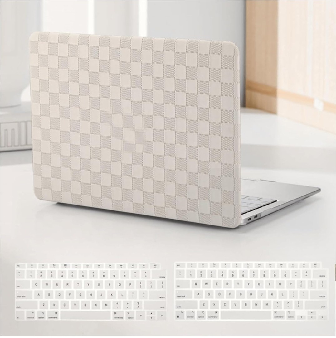 MacBook Air 13" 2018-2022 Checkered Textured Cream Leather Hard Shell Case
