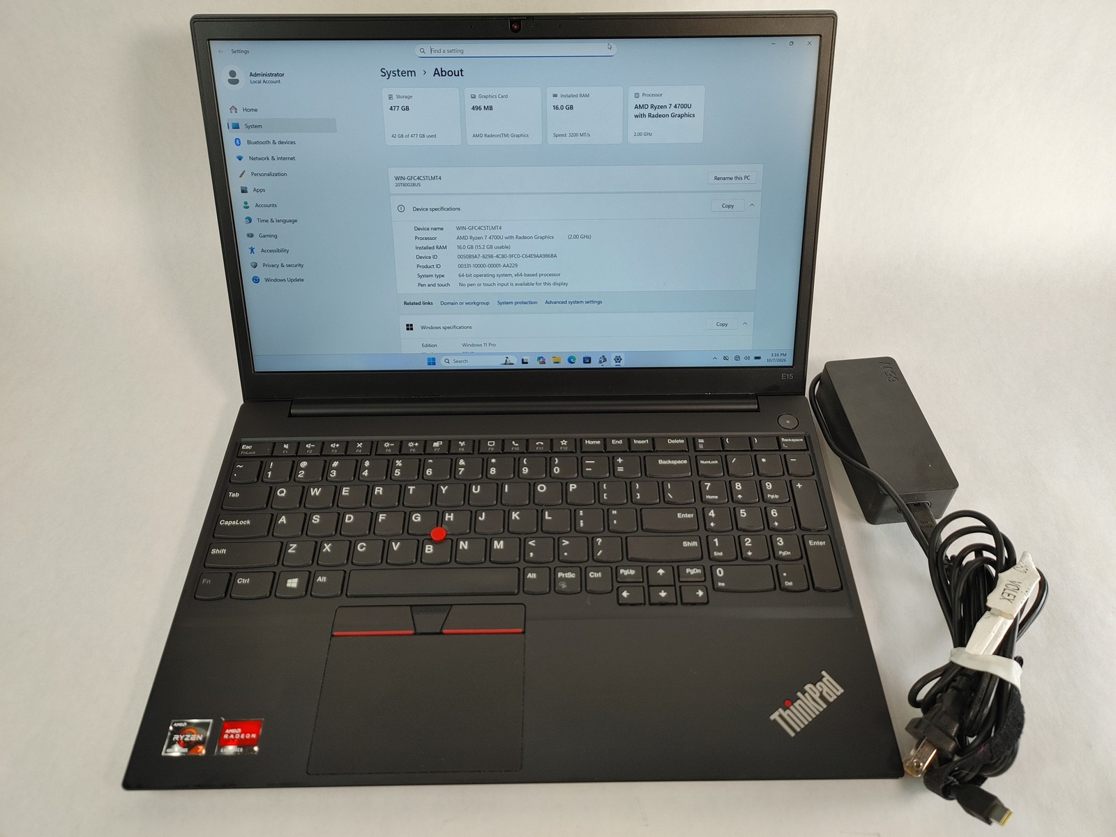 Lenovo ThinkPad E15 Gen 2 Ryzen 7 4700U 2.00 GHz 16 GB DDR4 512 GB NVMe Windows