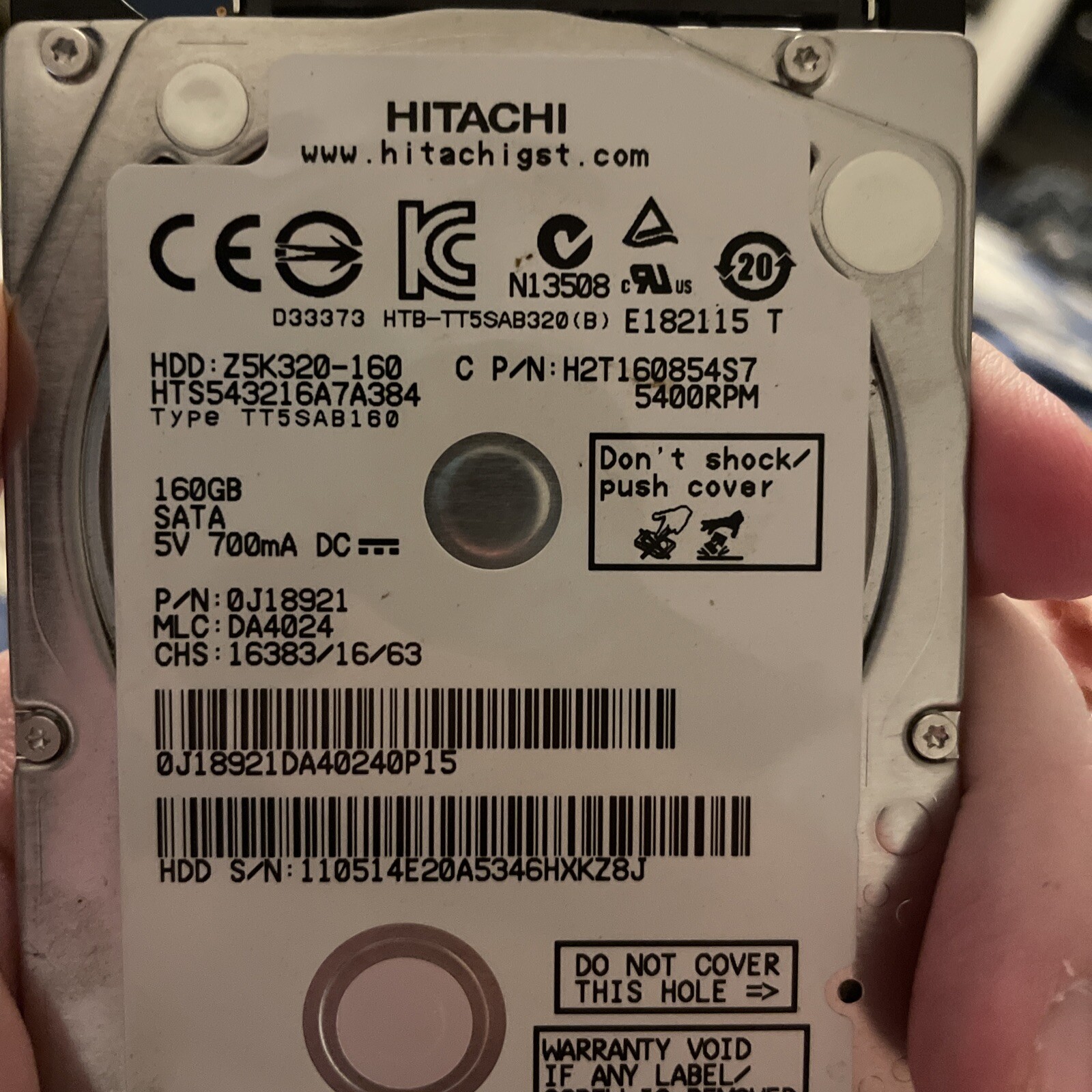 Hitachi Travelstar 5K160 160GB,Internal,5400RPM,2.5" (HTS541616J9AT00) HDD