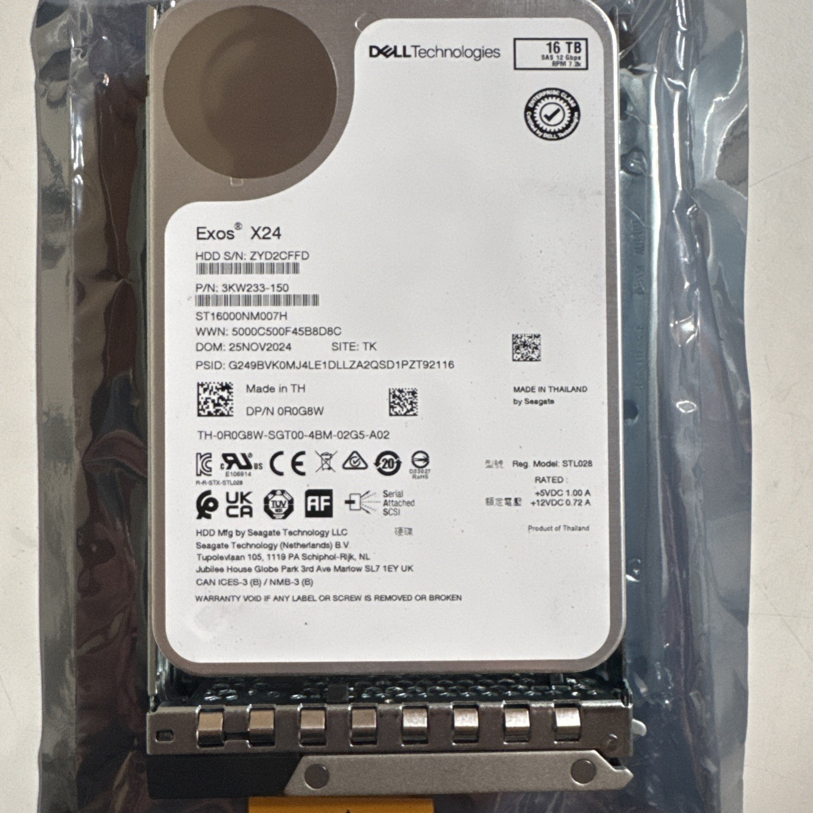 Seagate Exos X24 ST16000NM007H Dell R0G8W 16TB 3.5" 12Gbps 7.2K RPM 512e SAS HDD