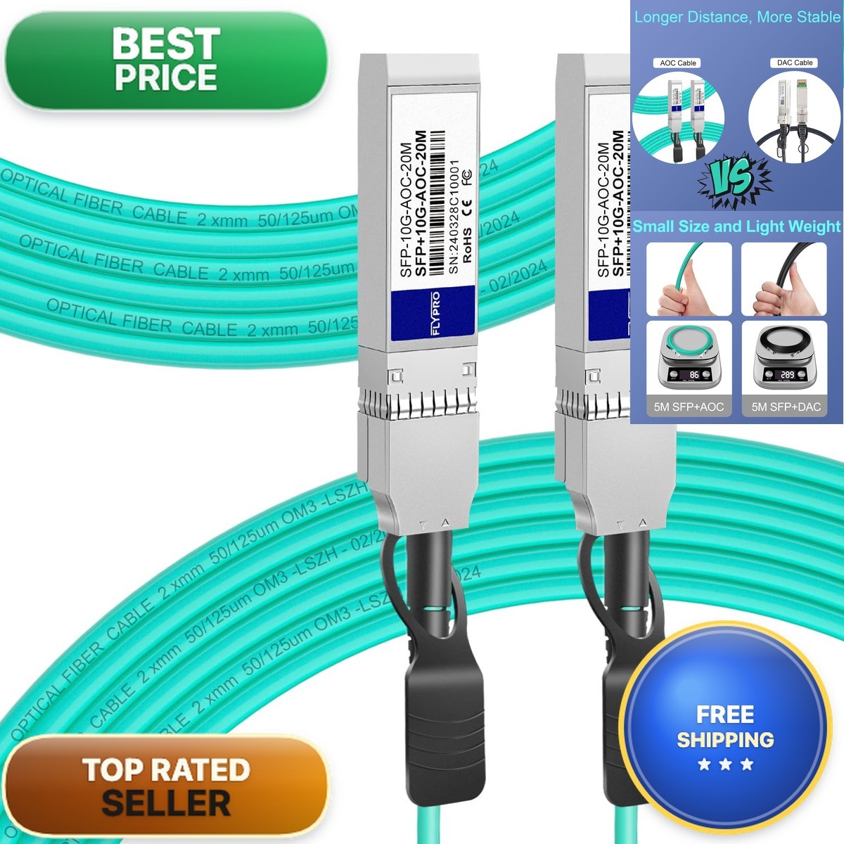 FLYPROFiber 10G AOC Cable SFP+ to SFP+ OM3 MMF 20M (65.6ft) for Cisco Ubiquiti