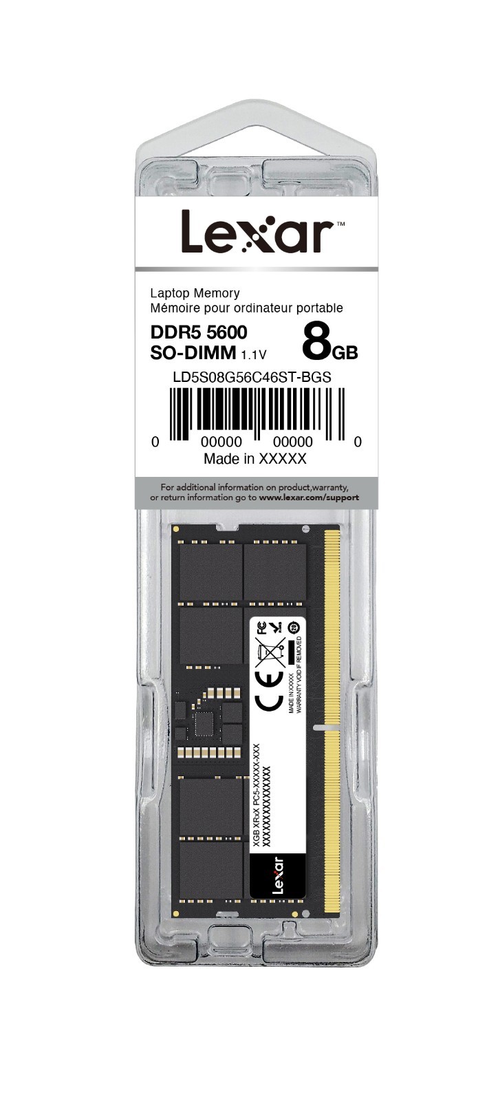 Lexar 8GB DDR5 5600MHz SODIMM Laptop RAM 262-Pin 1.1V LD5S08G56C46ST-BGS Blister