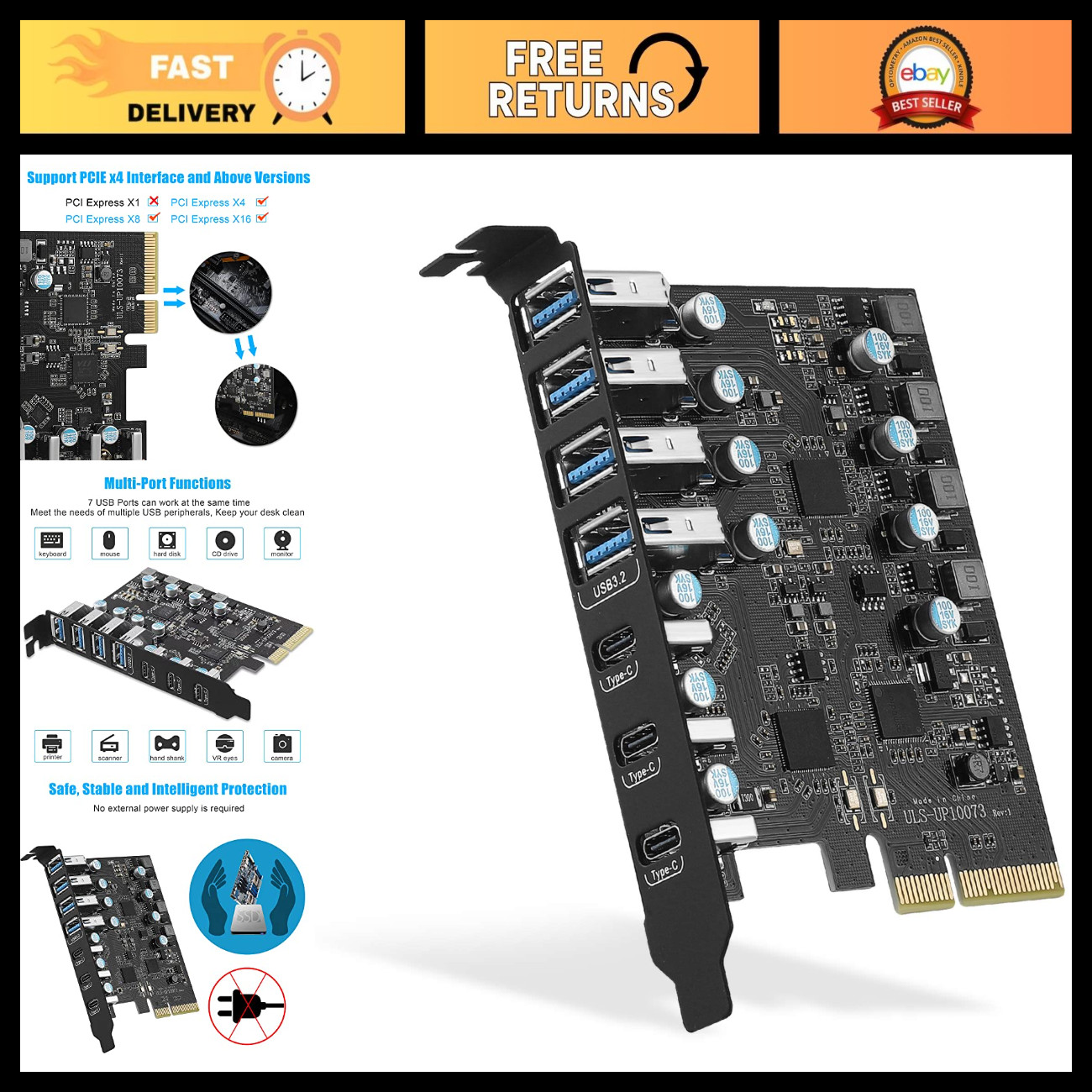 PCIe USB 3.2 Gen 2 Expansion Card - 20 Gbps, 7 Ports (4 Type-A, 3 Type-C) for PC