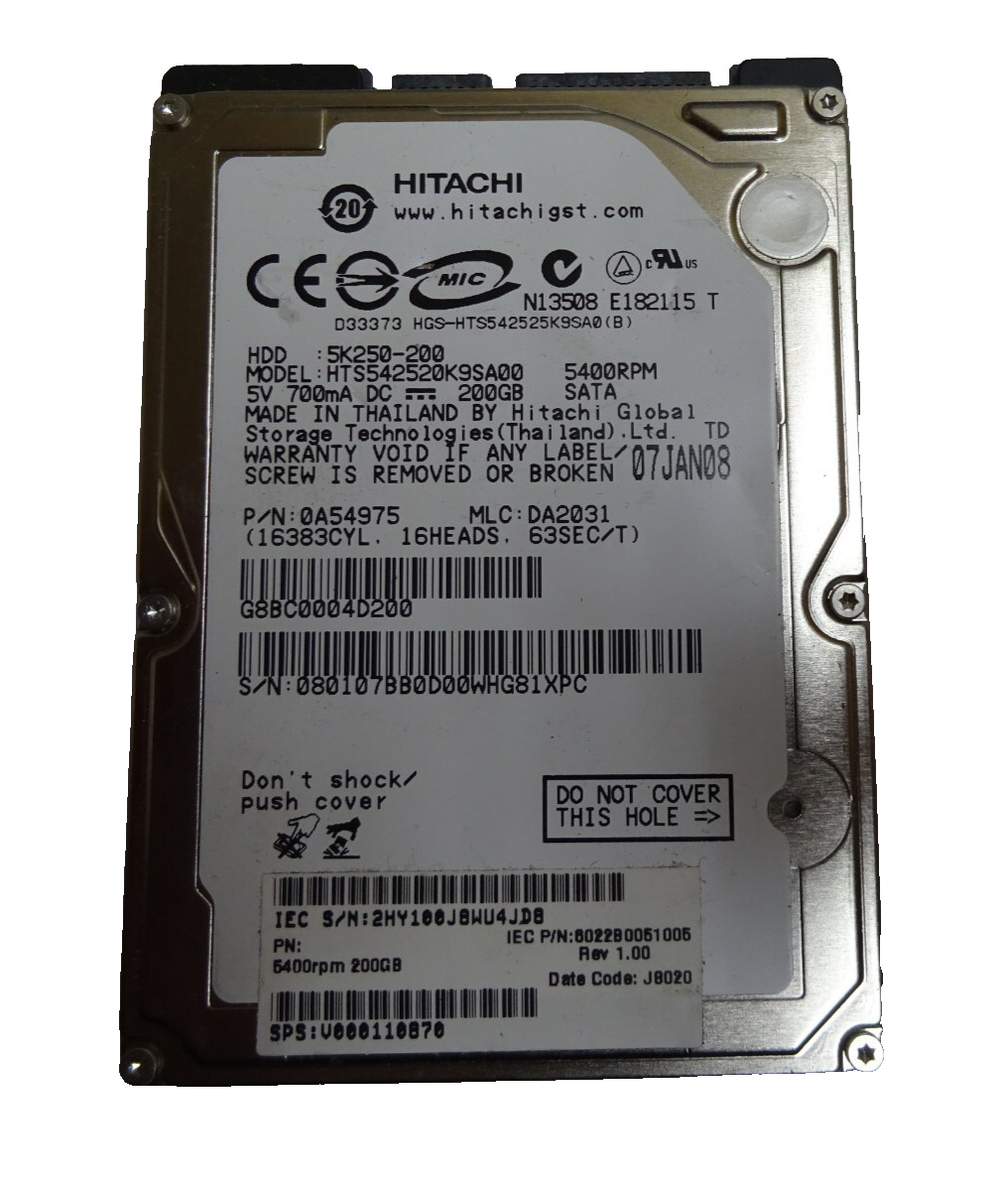 200GB SATA HDD HITACHI HTS542520K9SA00 SN: 080107BB0D00WHG81XPC 2.5 " #NFP1050