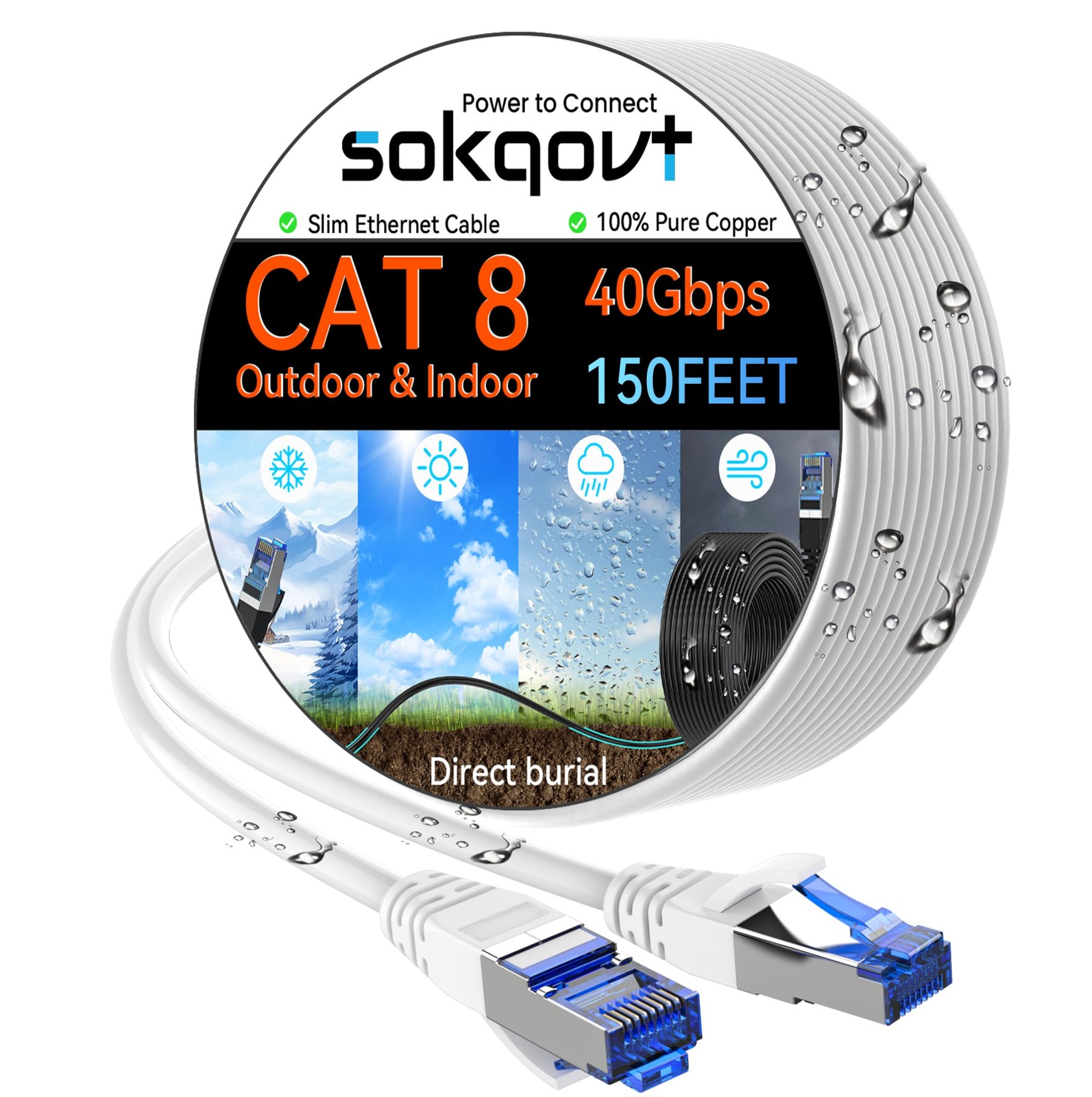 Sokqovt Cat 8 Ethernet Cable Slim 150ft Outdoor&Indoor, Pure Copper Cat8
