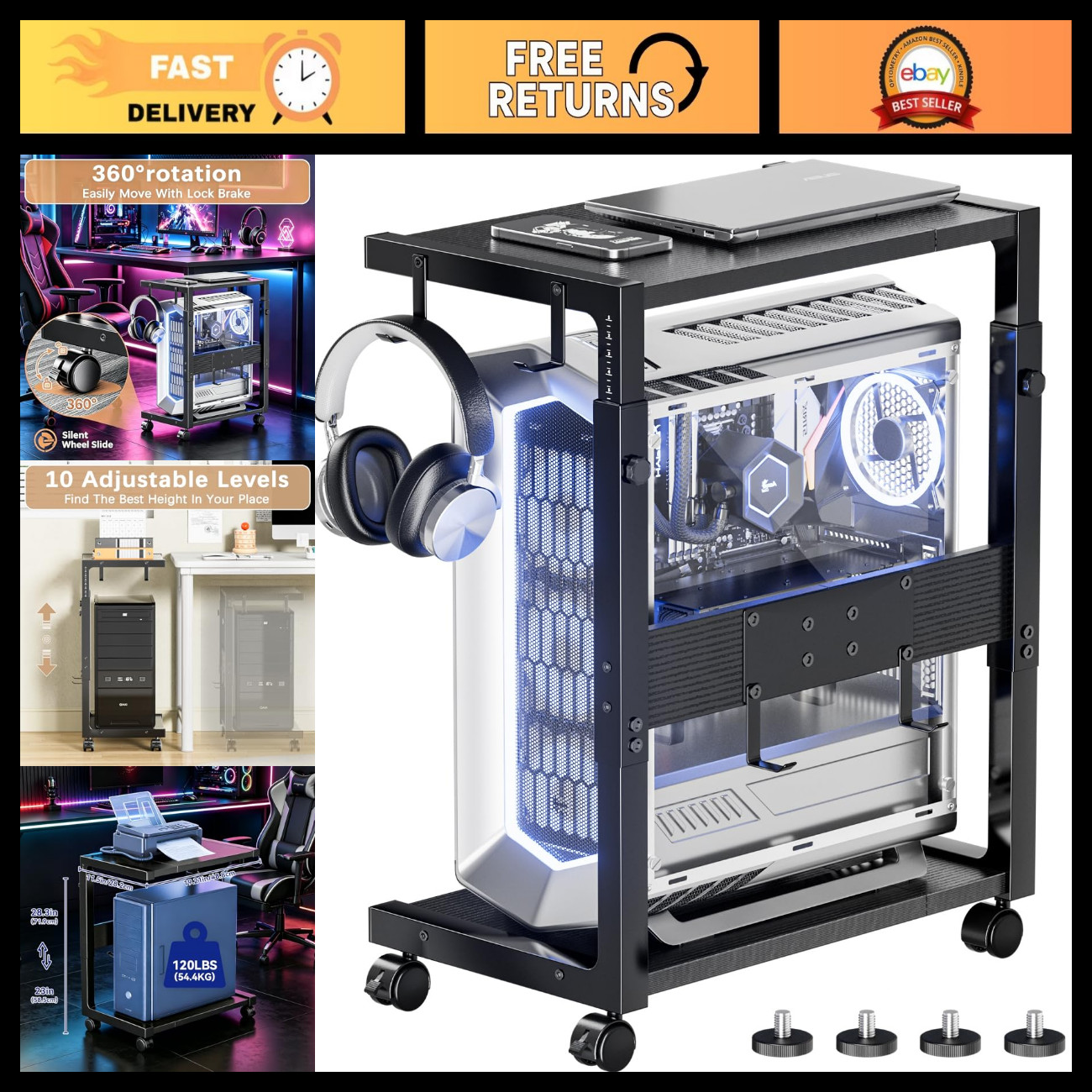 Adjustable PC Tower Stand - Height 23.03"-28.3"H, Mobile Computer Cart, Space-Sa