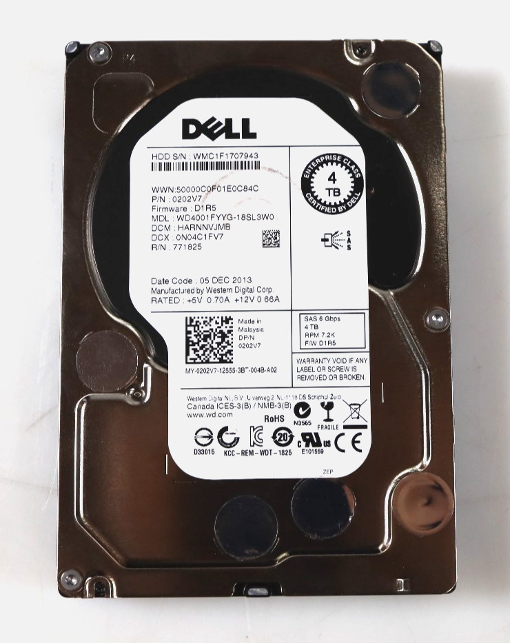 Genuine Dell WD4001FYYG 4TB 7200RPM SAS 6Gb/s 3.5" Hard Drive 0202V7