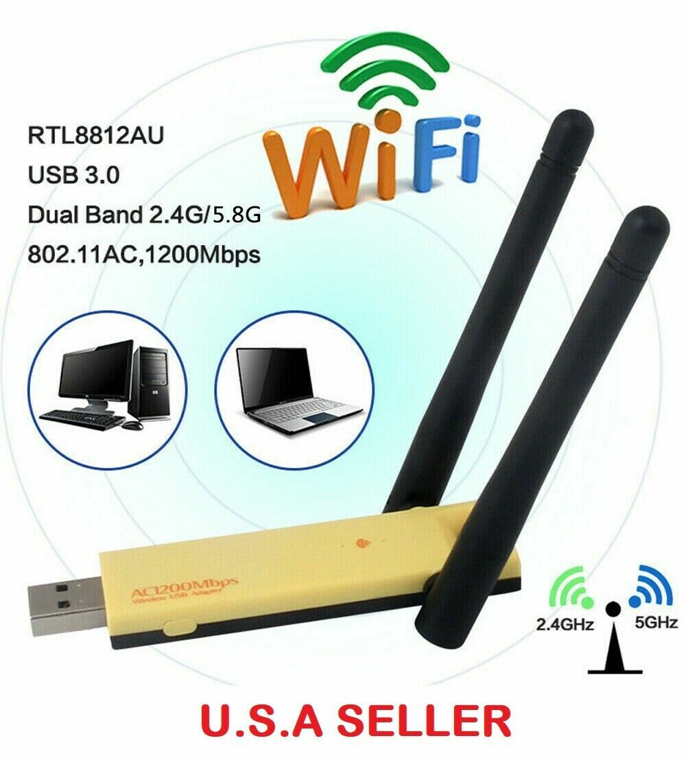 USB 3.0 1200Mbps Long Range AC1200 Dual Band 5GHz Wireless WiFi Adapter Antennas