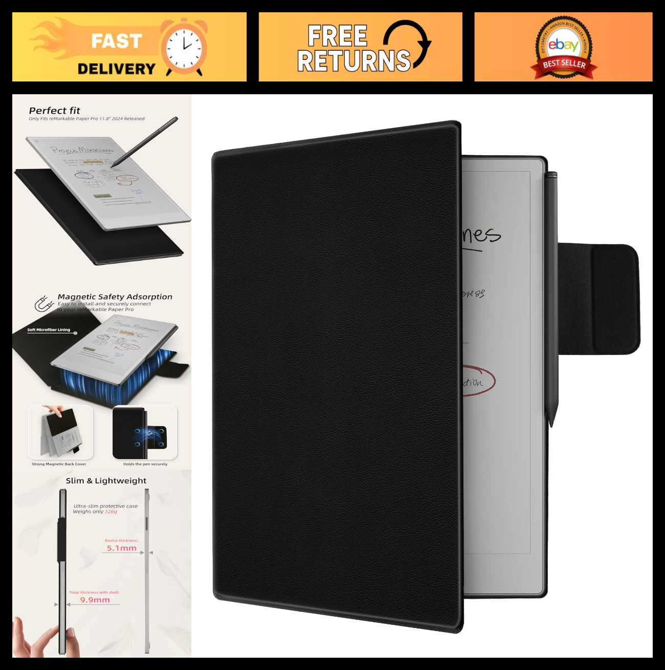 Slim Magnetic Folio Case for Remarkable Paper Pro 11.8" - Auto Sleep/Wake, Pen C