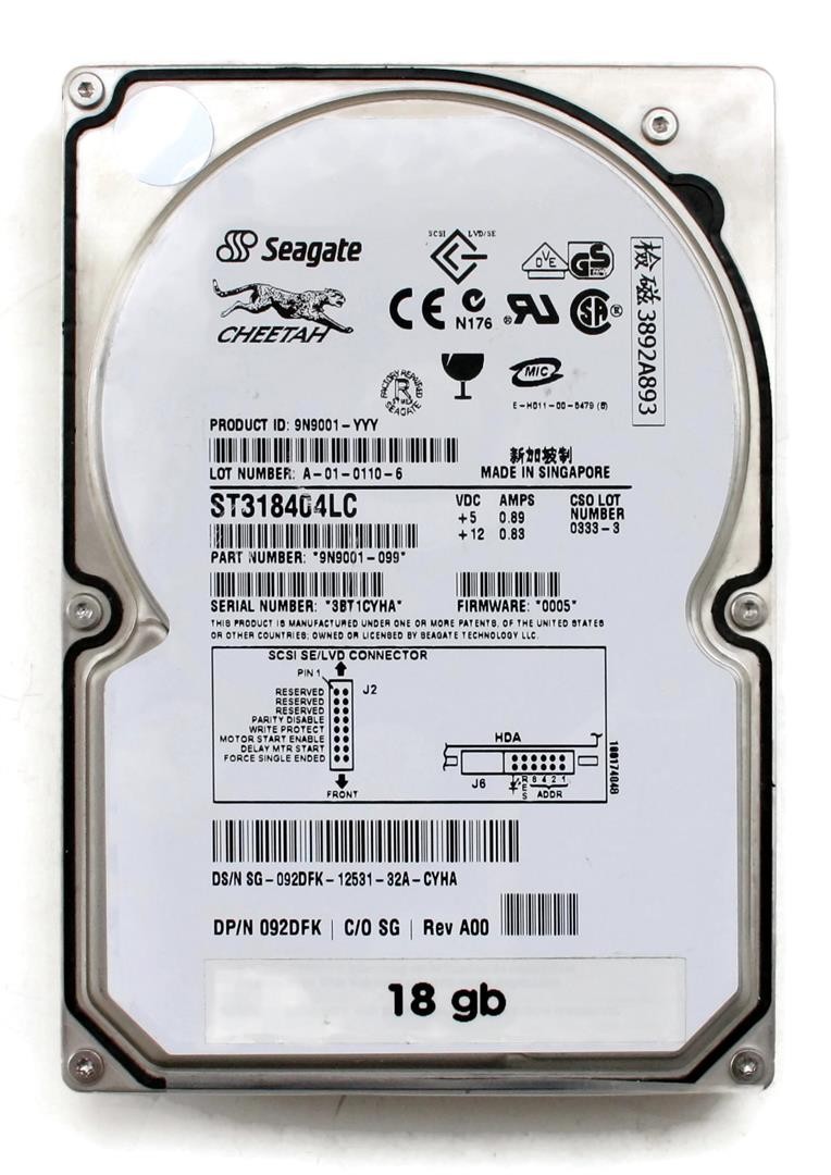 18gb scsi hdd, seagate cheetah st318404lc, 9n9001-099, fw 0005, dp/n 092dfk rev