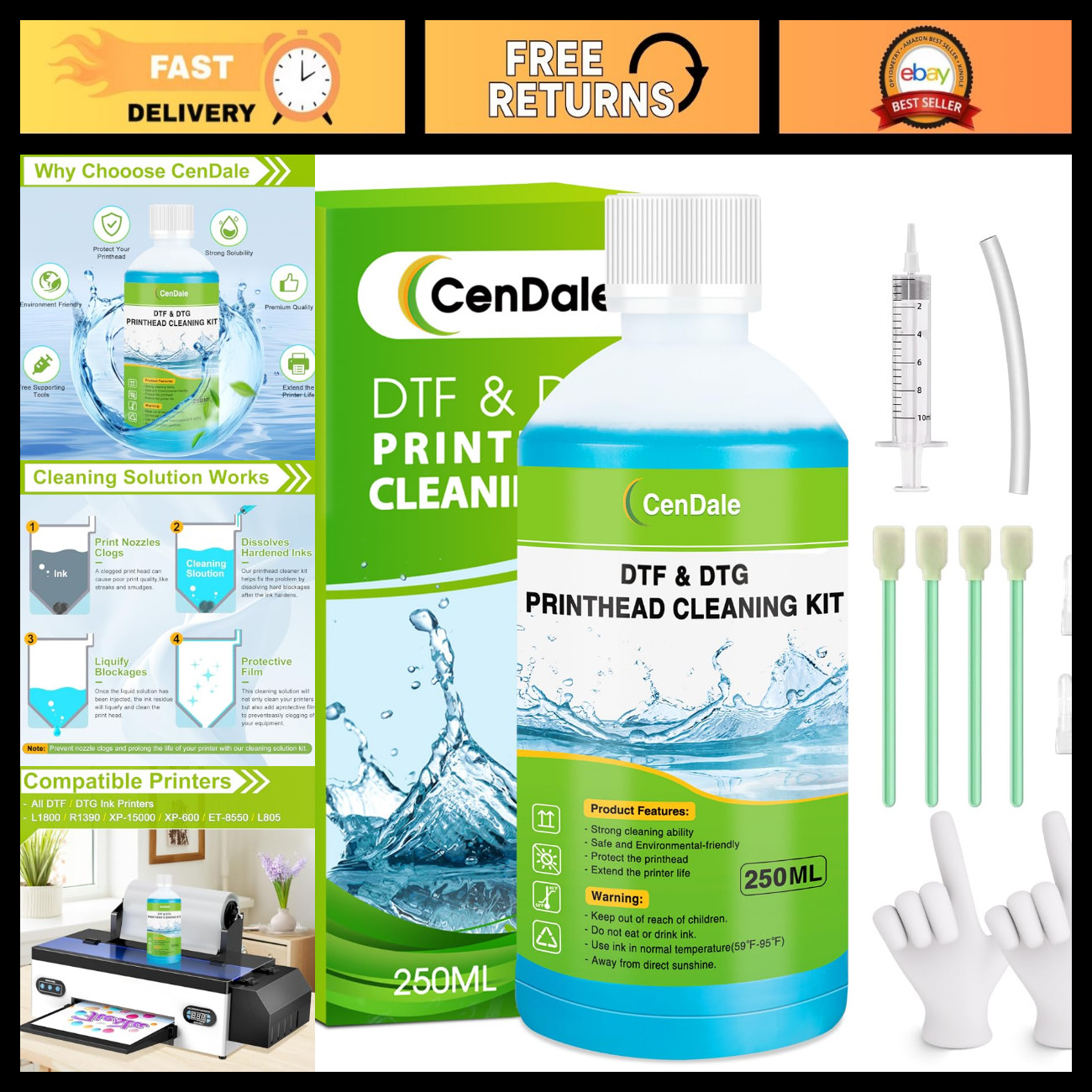 DTF Printer Cleaning Kit - 250ML Universal Print Head Cleaner for DTF/DTG Printe