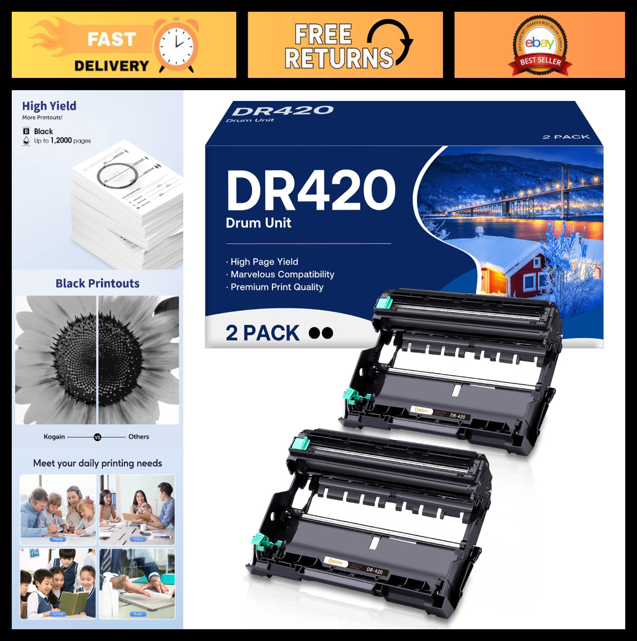 2 Pack Compatible Drum Unit for Brother HL-2240 MFC-7360N DCP-7065DN - Black