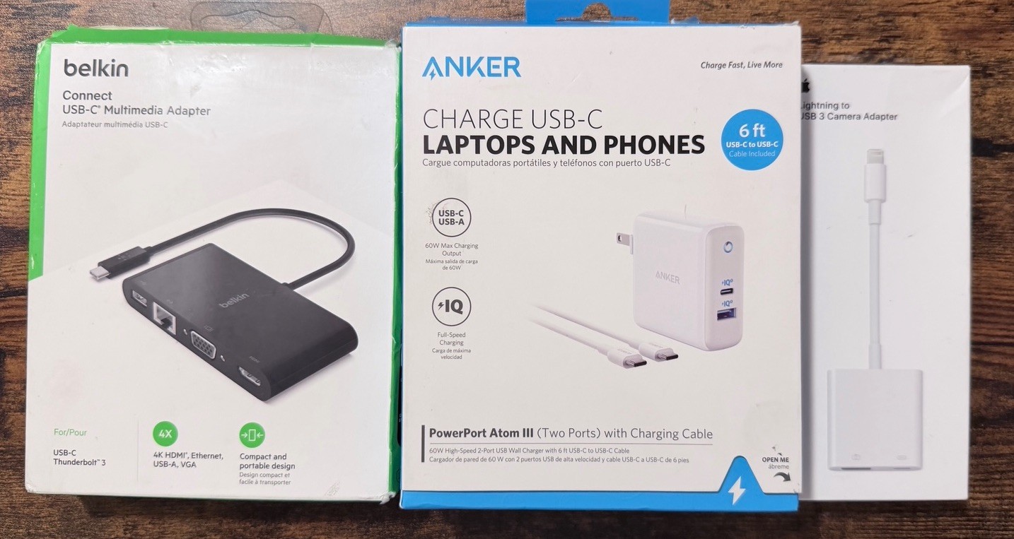 Anker Dual Port Charger + Belkin USB-C Hub + Apple Lightning Adapter - Open Box