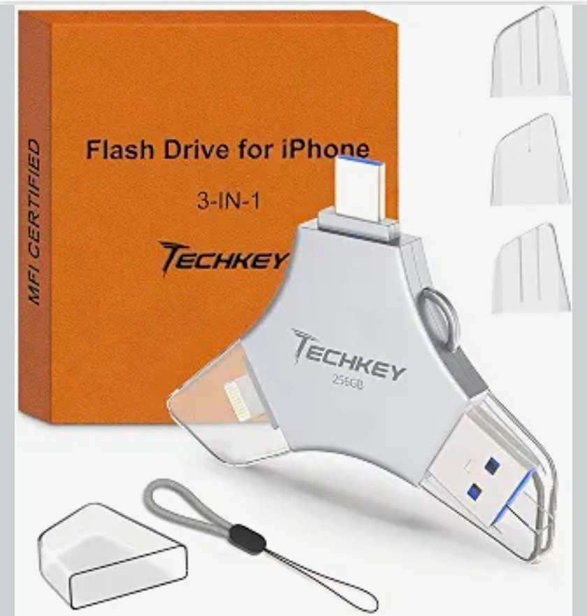 Techkey 256GB 3-in-1 USB 3.0 USB-C Lightning Flash Drive MFi for iPhone/iPad