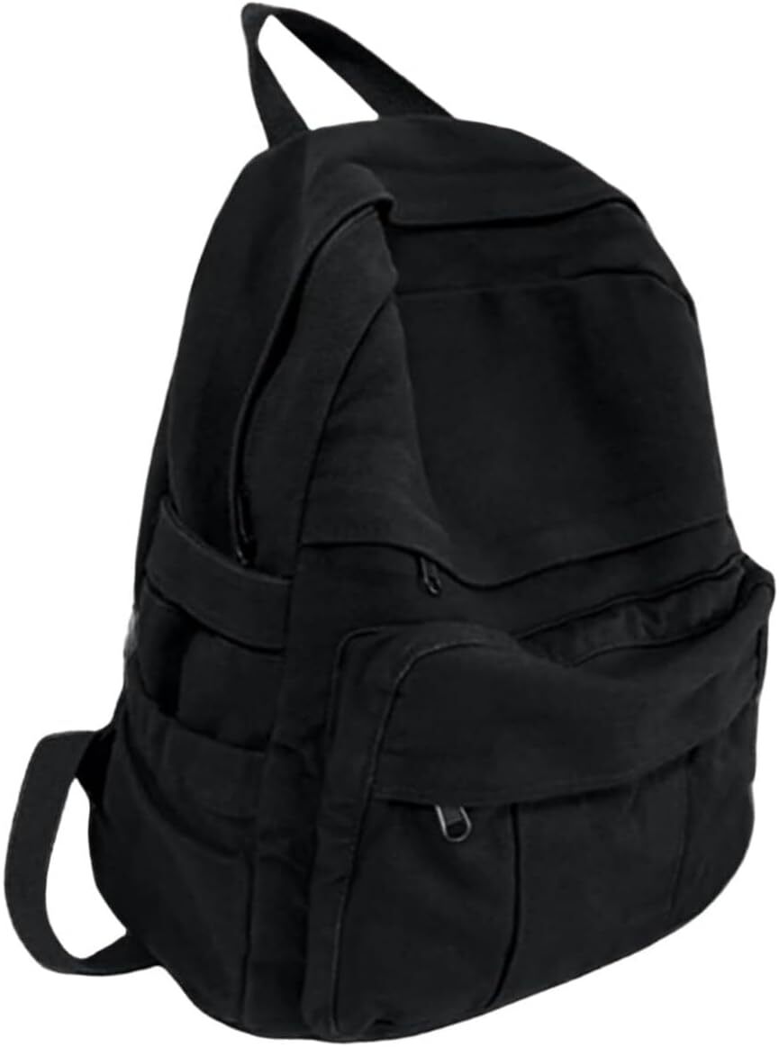 Women's Aesthetic Heavy Cotton Canvas Laptop Backpack Lightweight Black 