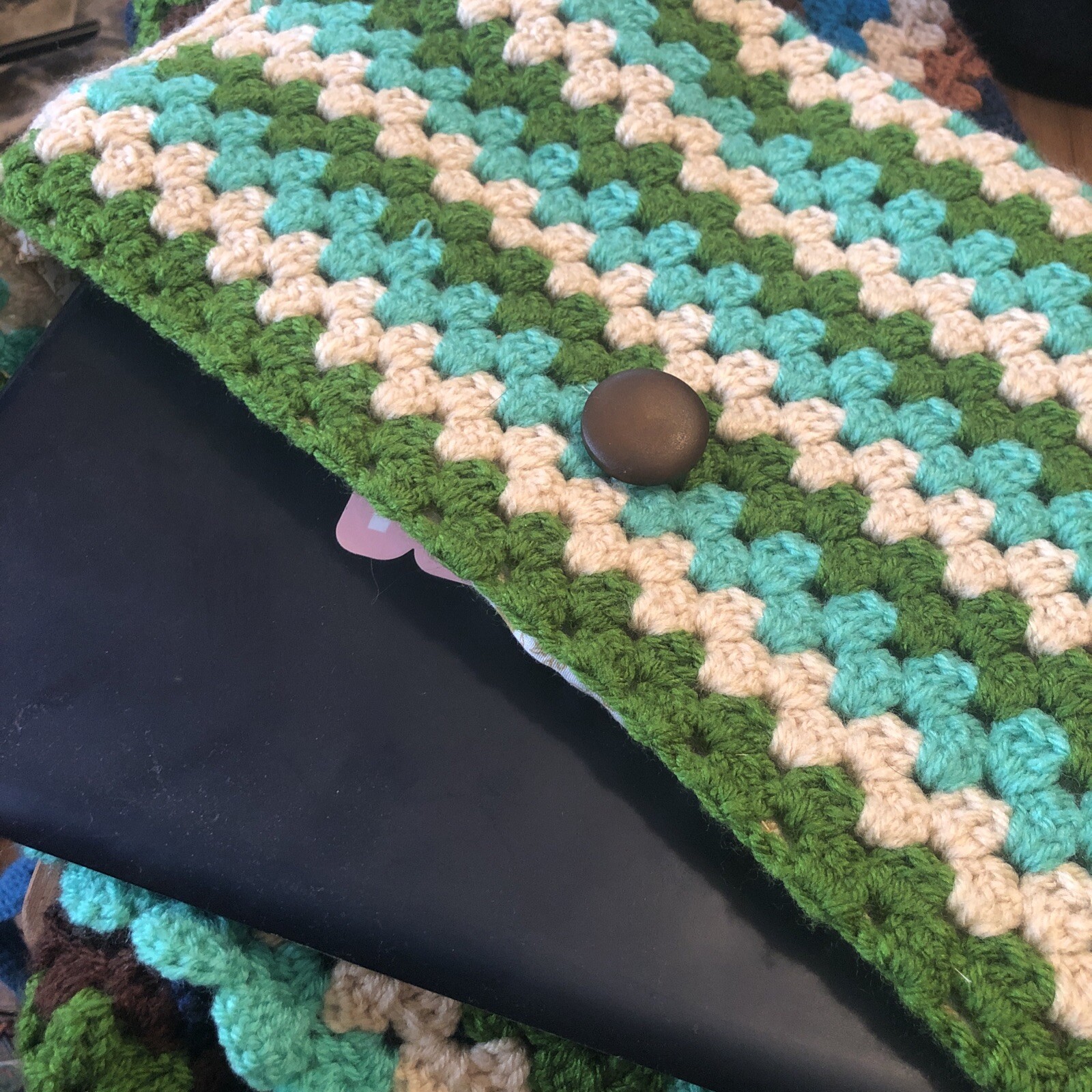 Handmade Crochet Laptop Sleeve Bag Cover Multicolor Lined Button Closure 12x15”