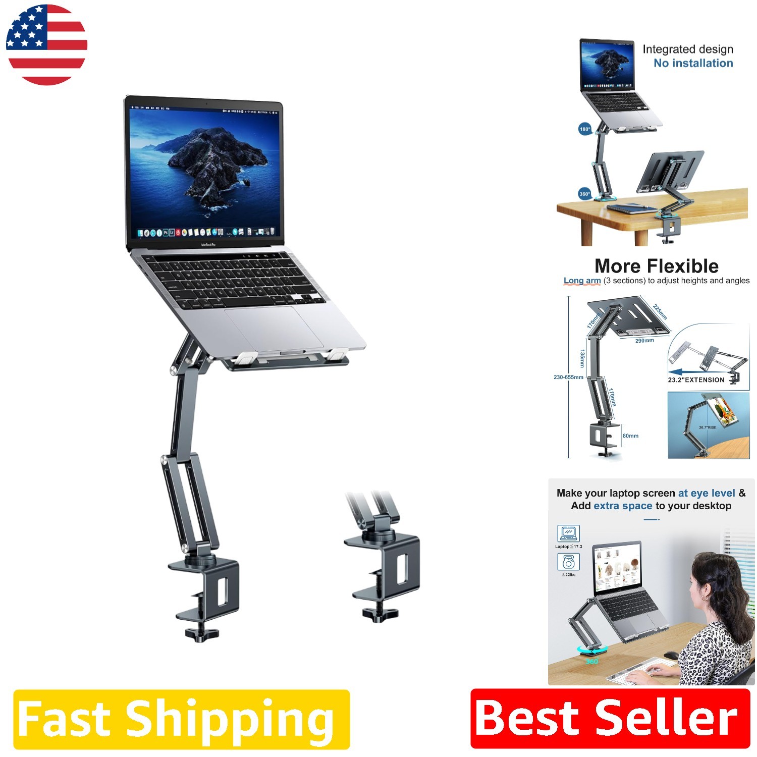 Laptop Desk Mount Arm - Ergonomic, Foldable, 360° Rotation, Aluminum