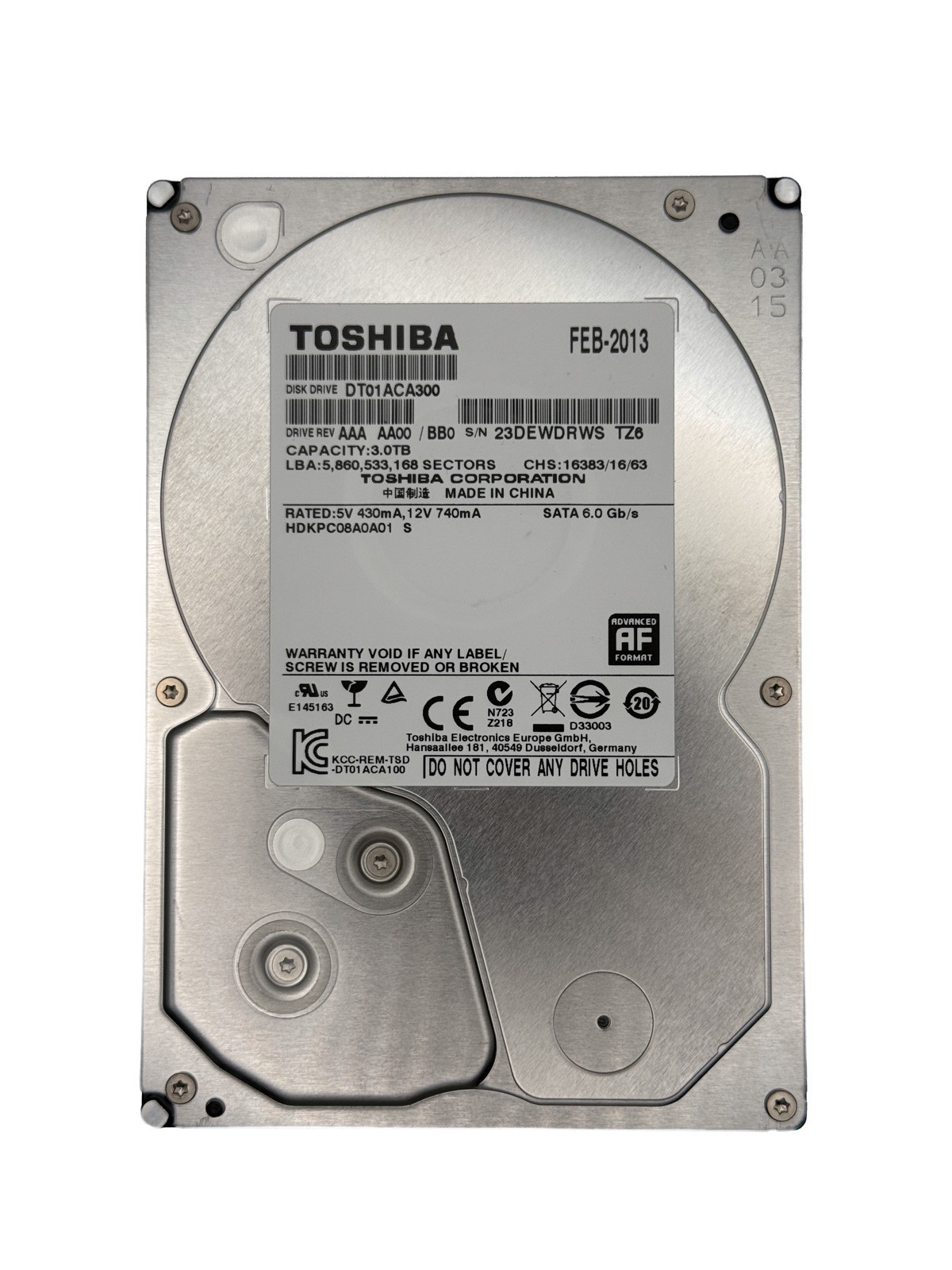 Toshiba DT01ACA300 3 TB 3.5" SATA III 3.5 in Desktop Hard Drive Caution Conditio