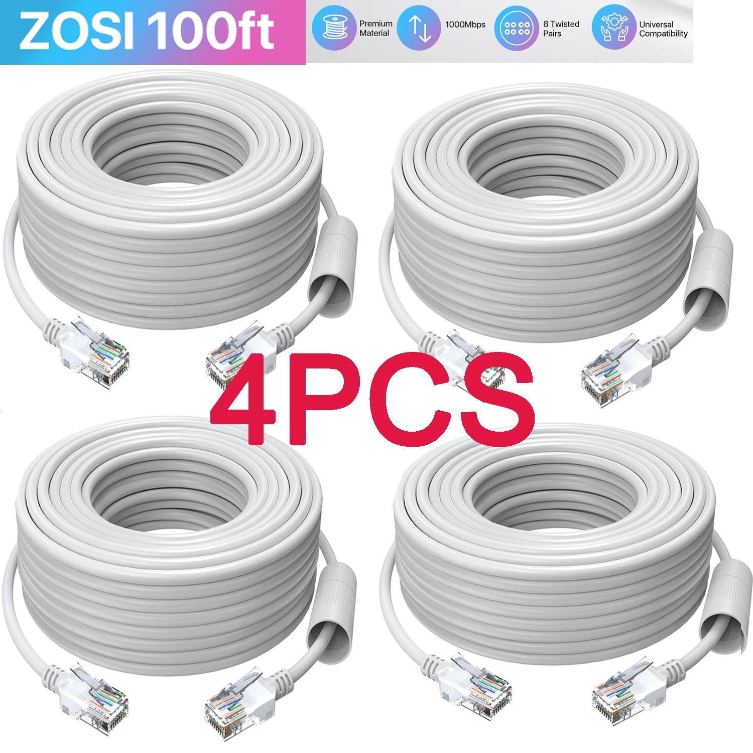 ZOSI 4X100ft Cat5e Ethernet Cable Network RJ45 Wire Cord for POE Security Camera