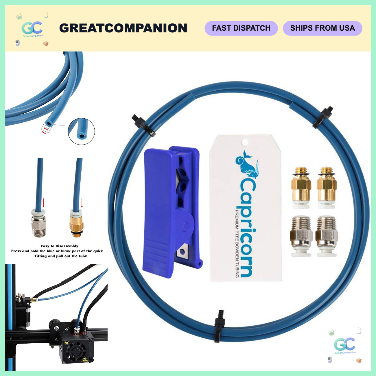 PTFE Bowden Tubing 1M 1.75MM with Fittings & Tube Cutter for 3D Printers