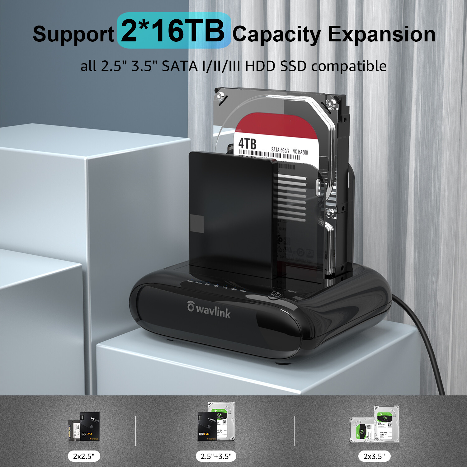 USB 3.0 to SATA for 2.5/3.5" HDD/SSD Dual Bay Docking Station with Offline Clone