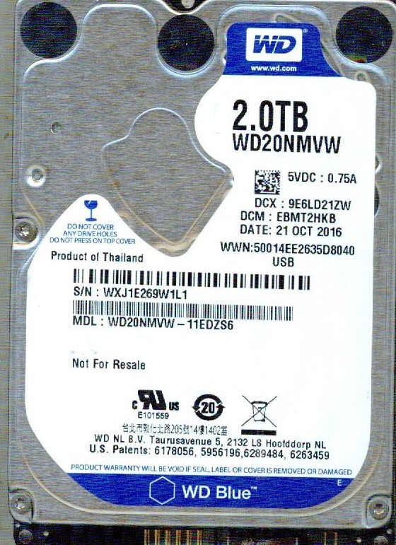 WD20NMVW-11EDZS6,  EBMT2HKB   WD 2TB, USB 3.0  WXJ1 OCT 2016