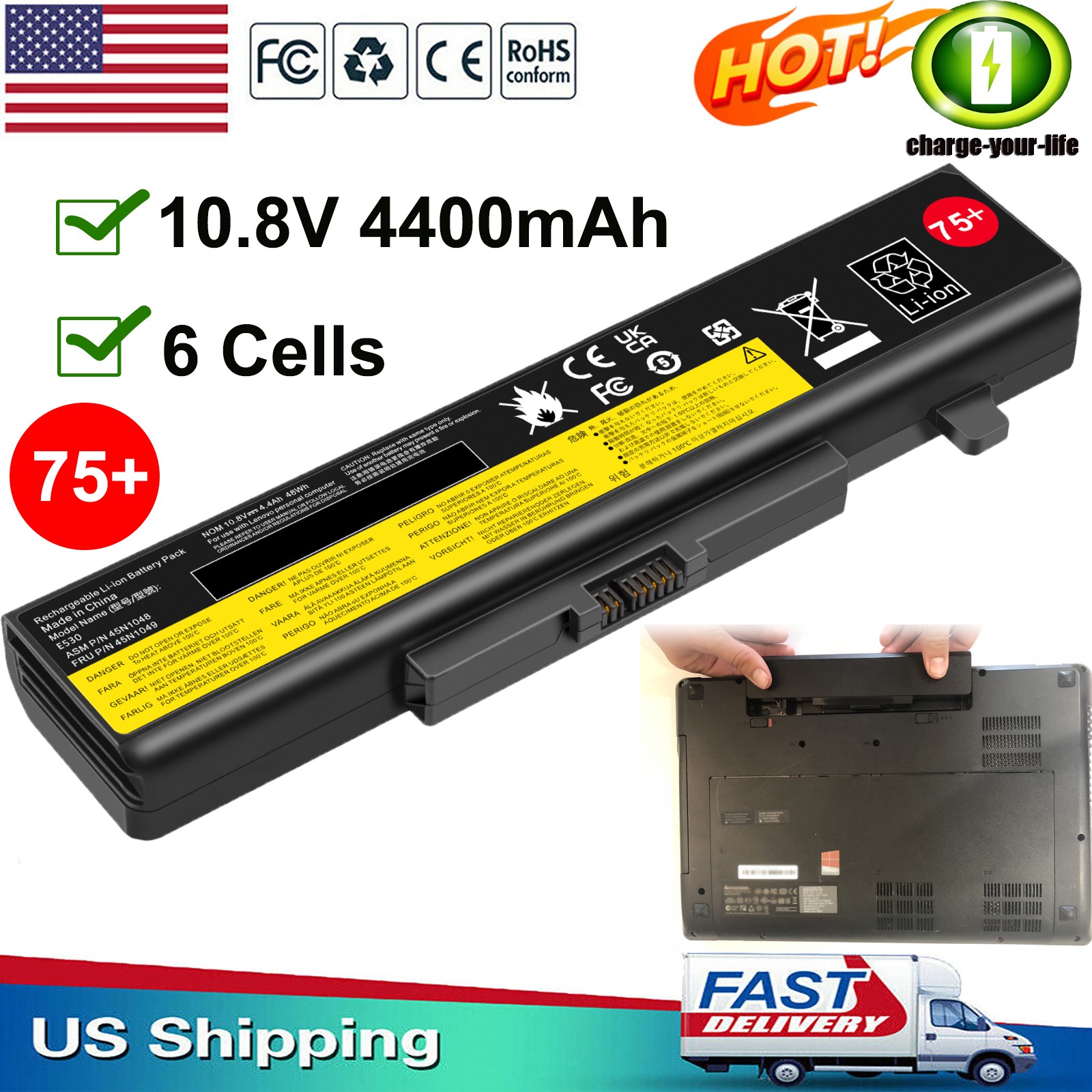 ✅75+ Battery For Lenovo ThinkPad E430 E435 E530 E531 E535 B590 45N1042 45N1043
