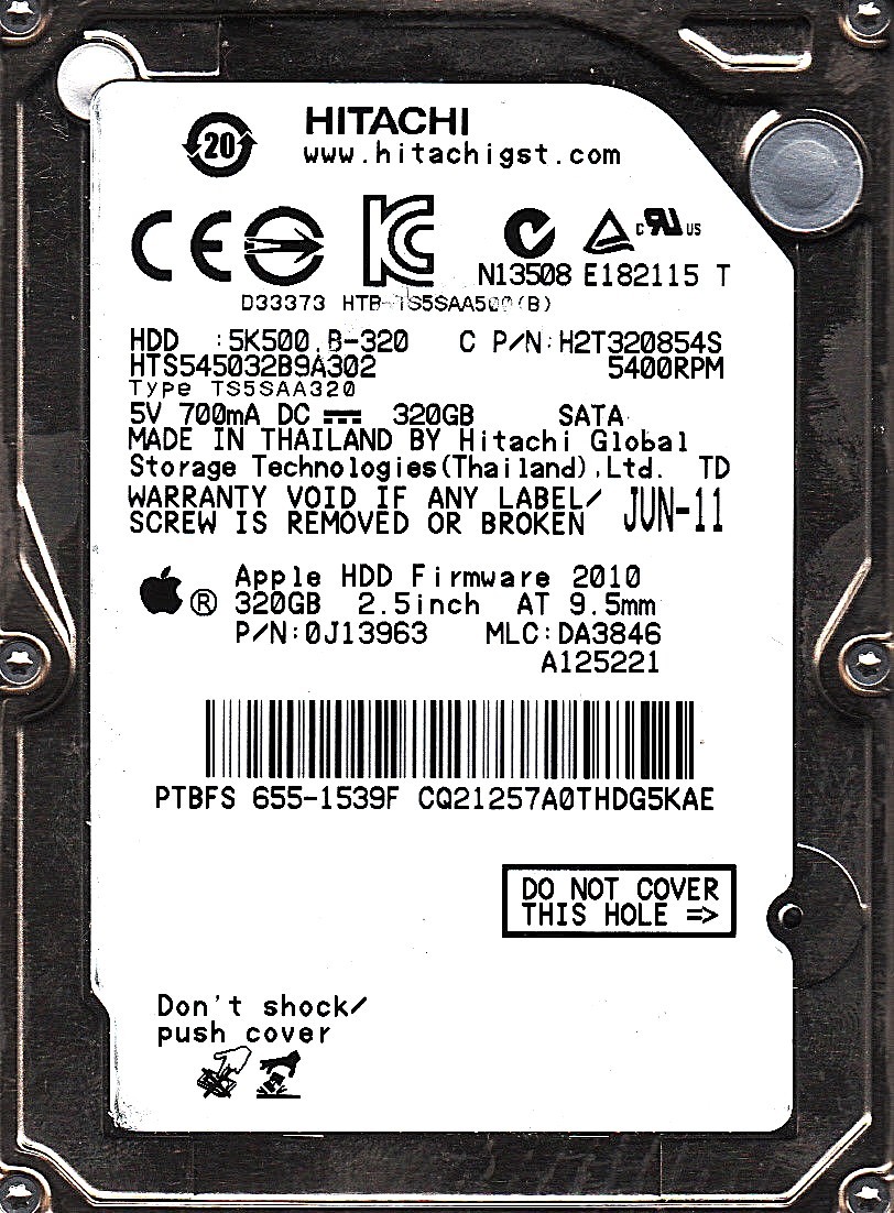 Hitachi HTS545032B9A302 pn: 0J13963 mlc: DA3846 320GB SATA 2.5 HDD 5520