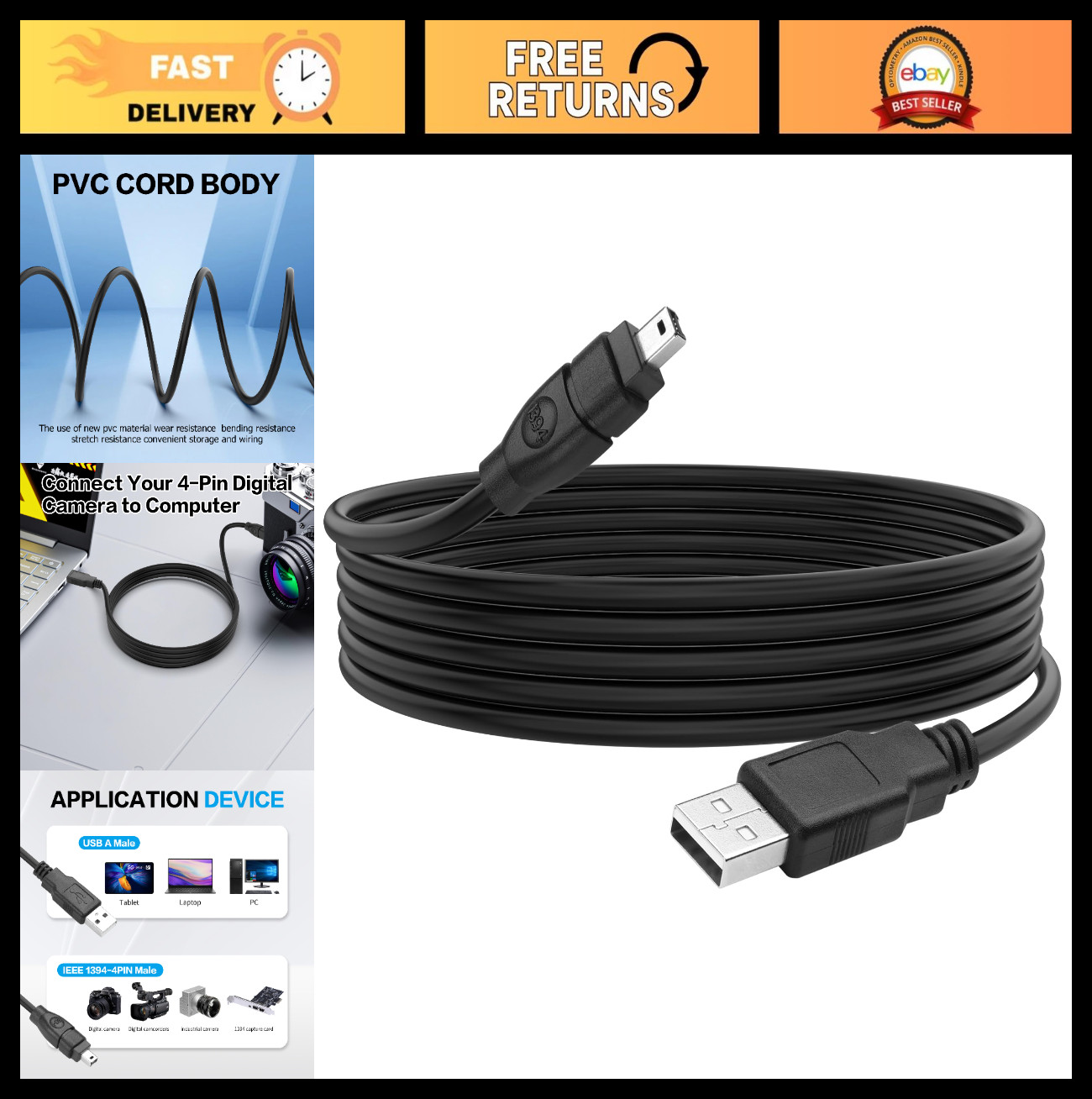 USB to Firewire 6ft Cable, 4Pin Male to USB A Male, iLink Adapter for DV Cameras