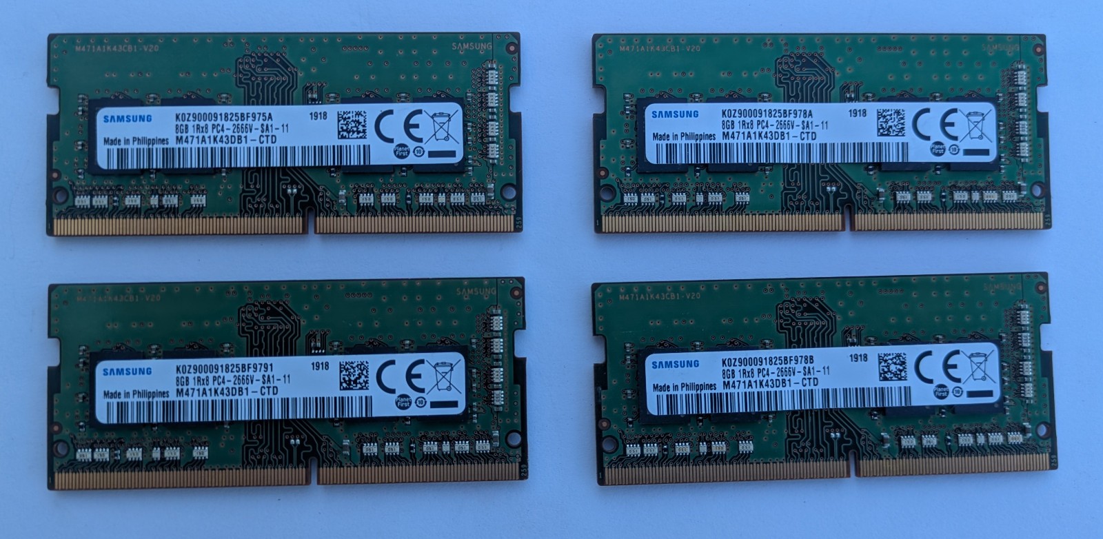Lot of 4 Samsung 8GB Laptop SODIMM RAM Memory (4x8GB) DDR4-2666 1Rx8 Working