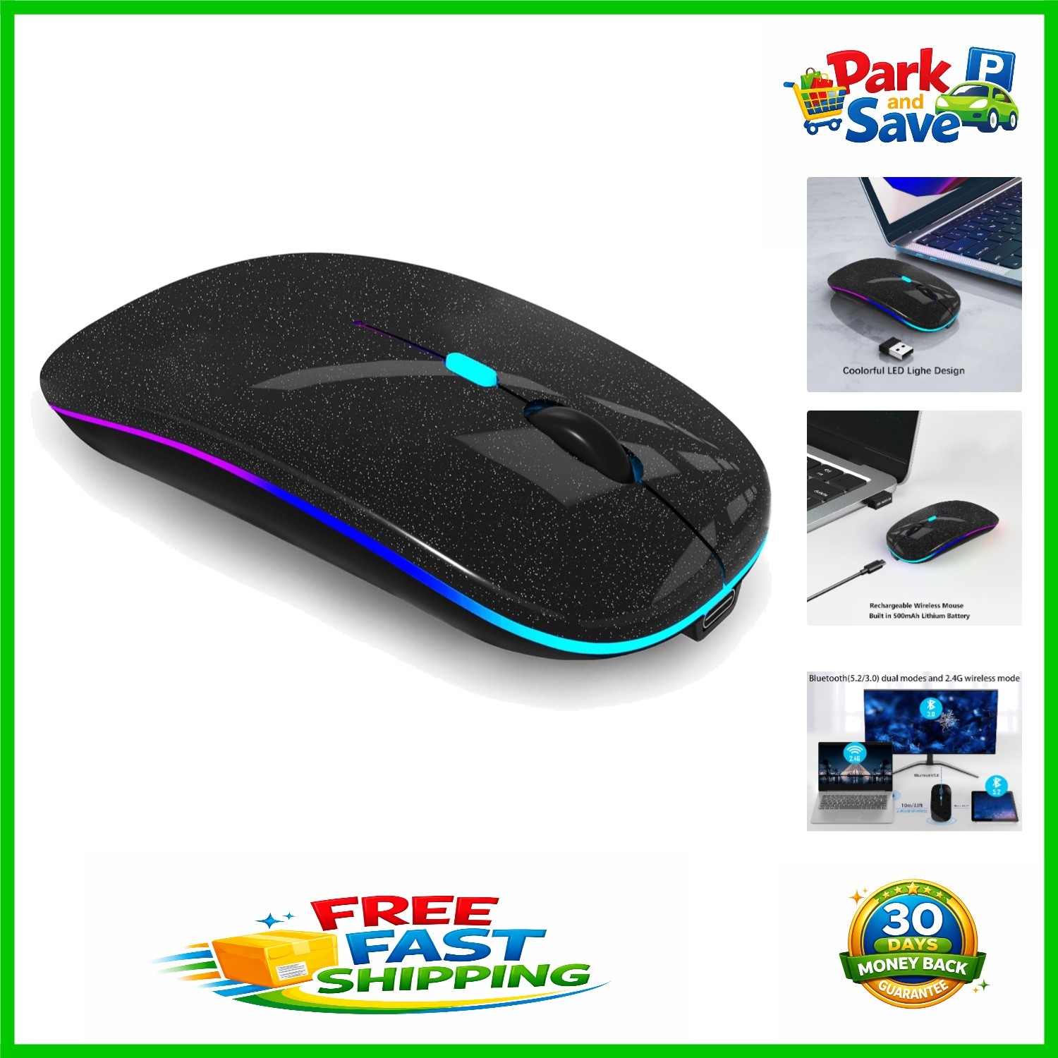 Slim Dual Mode Bluetooth Mouse for Laptop/iPad with Colorful LED Lights - Black