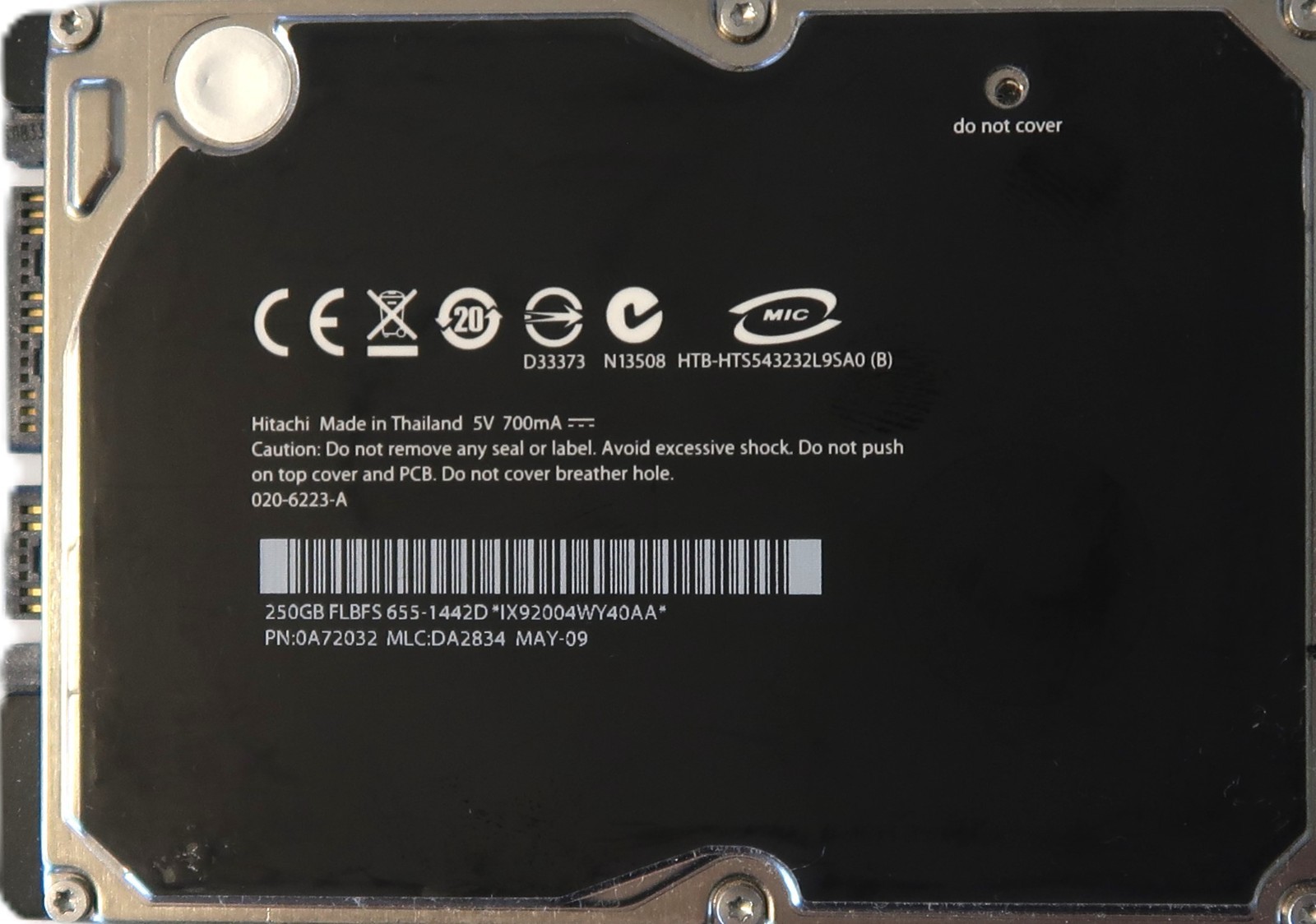 Hitachi HTS543232L9SA0 (B) 0A72032 DA2834 (IX9) Thailand 2.5" 250gb Sata MAY-09