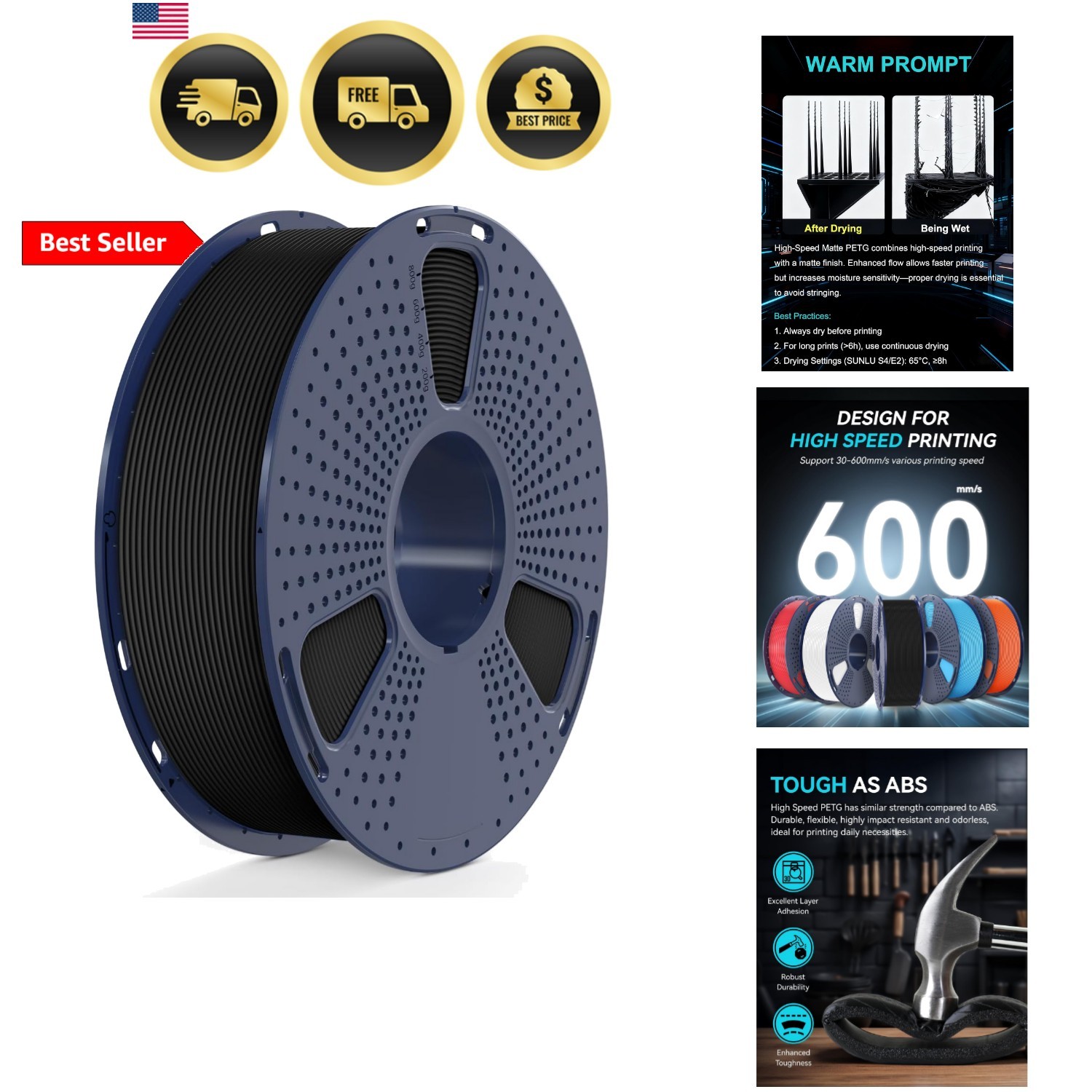 High Speed PETG 3D Filament 1.75mm, 30mm/s - 600mm/s Print Range, High Flow S...