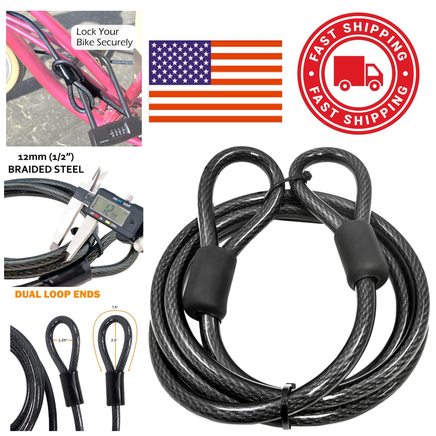 Vinyl Coated Braided Steel Security Cable 4 Feet 12mm for Outdoor Security Needs