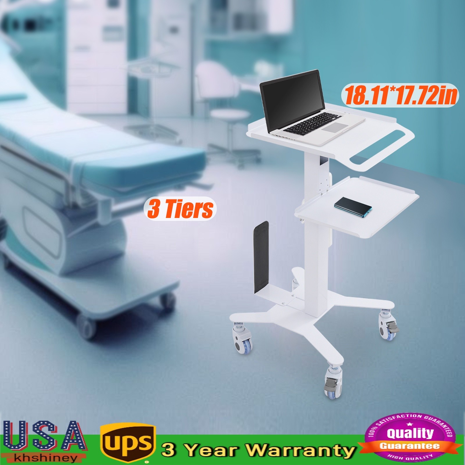 Mobile Computer Cart Medical Rolling PC Stand Desk Workstation Wheel Adjustable