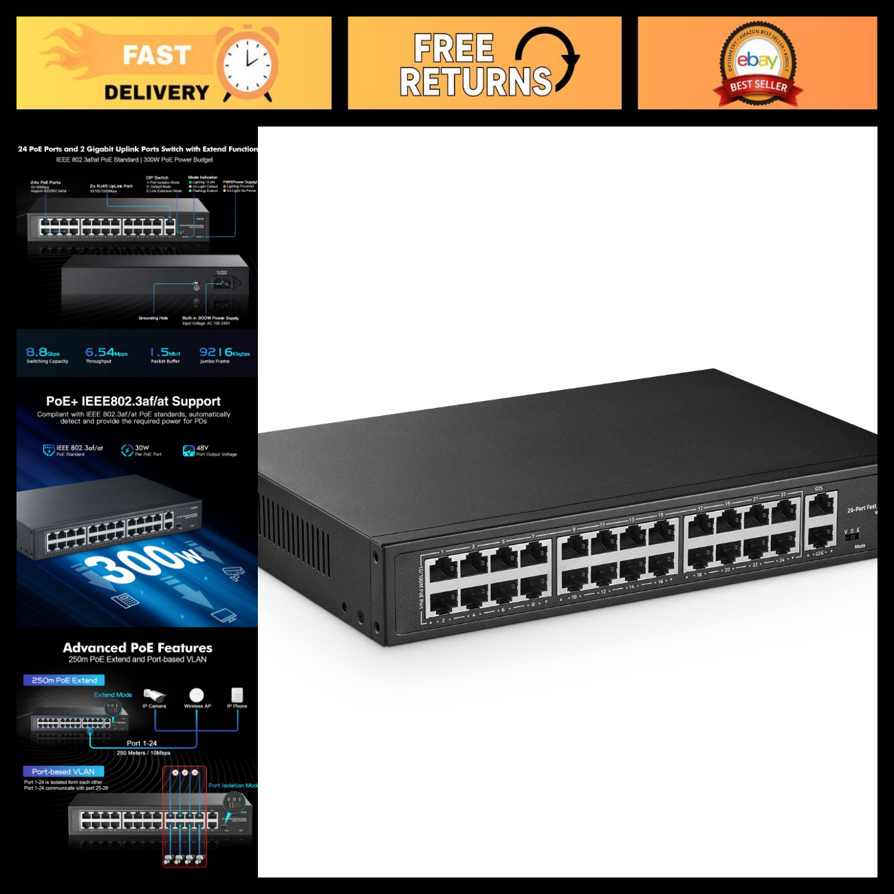 24-Port PoE Switch, 1000Mbps Uplink, 300W, VLAN, PoE+ 250m Extend, Rackmount