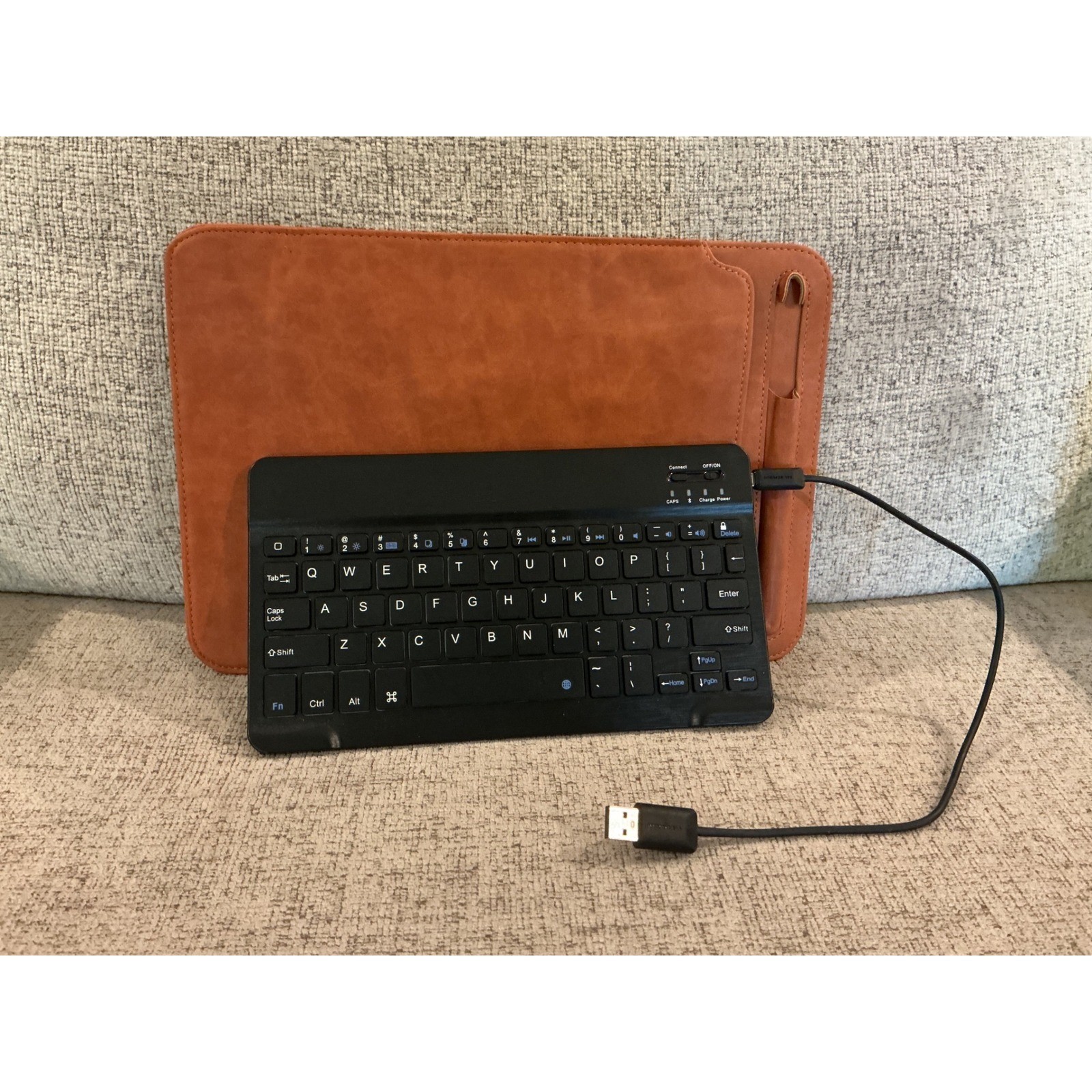Slim Wireless Bluetooth Keyboard with Brown Faux Leather Protective Sleeve Case