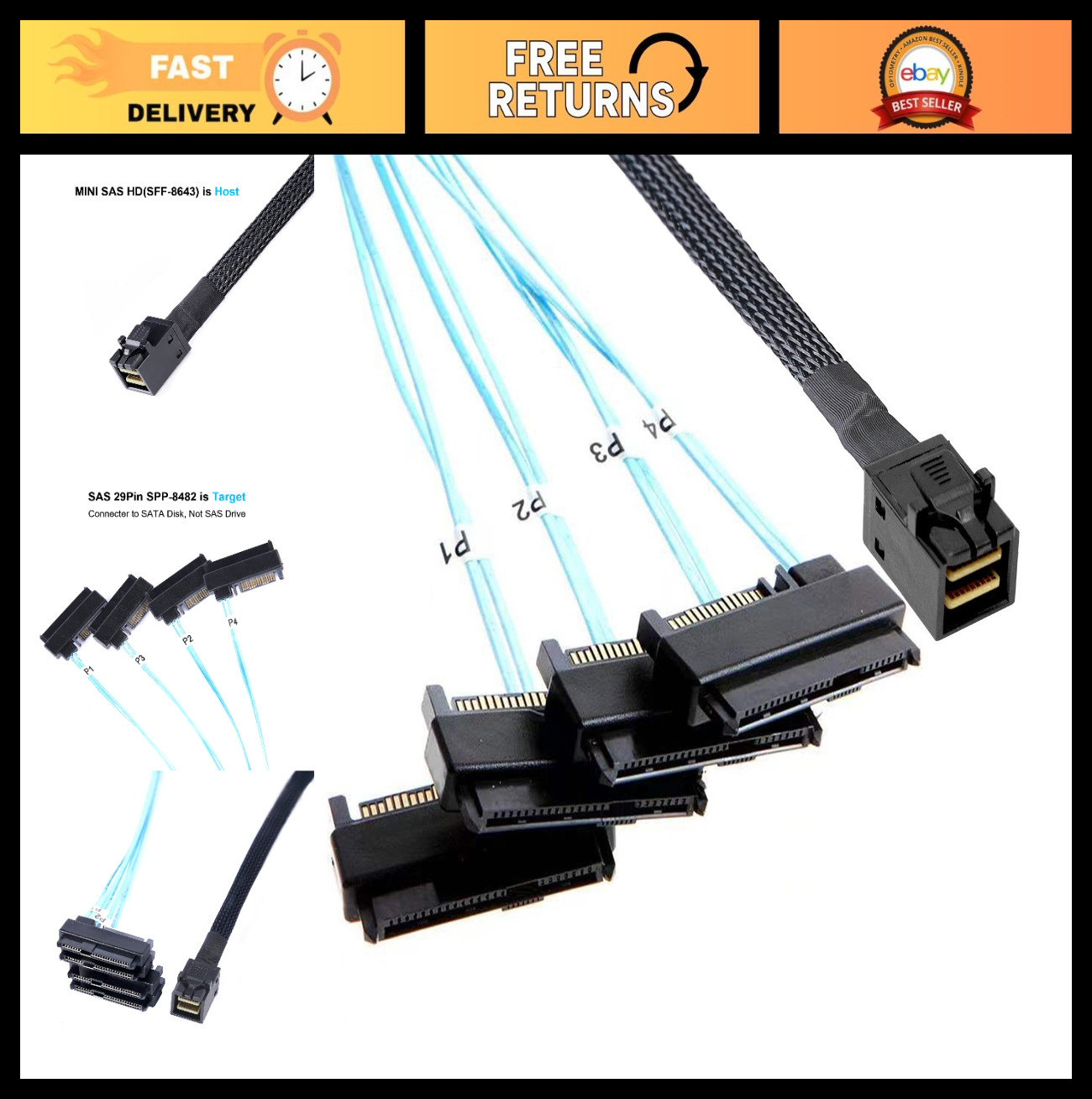Mini SAS to SAS Cable 1M SFF-8643 to SFF-8482 Connector 4X with SATA Power Adapt