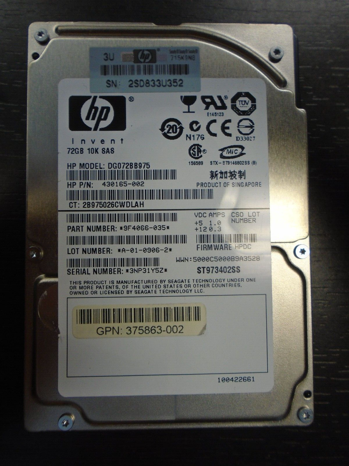 HP Invent 72GB 10K SAS HP; MODEL DG072BB975 Used Server Hard drives.