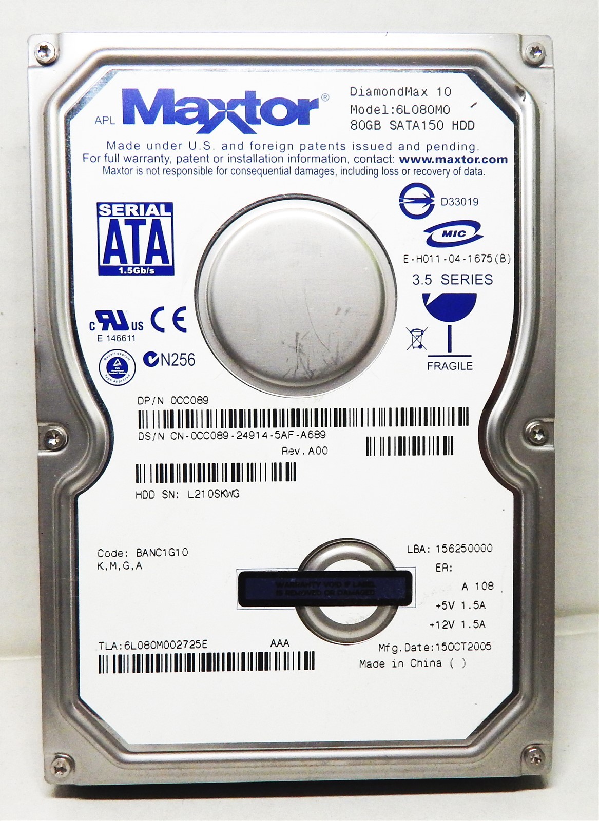 80GB 3.5" SATA HDD Maxtor DiamondMax 10 ~ 6L080M002725E Code: BANC1G10 K,M,G,A