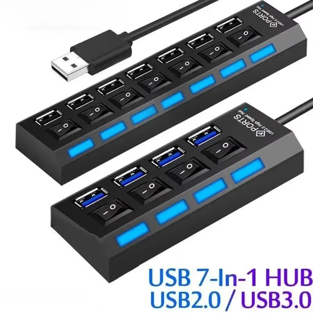 USB Hub 7 Port On/Off Switch High Speed Splitter AC Adapter Cable PC Laptop Lot