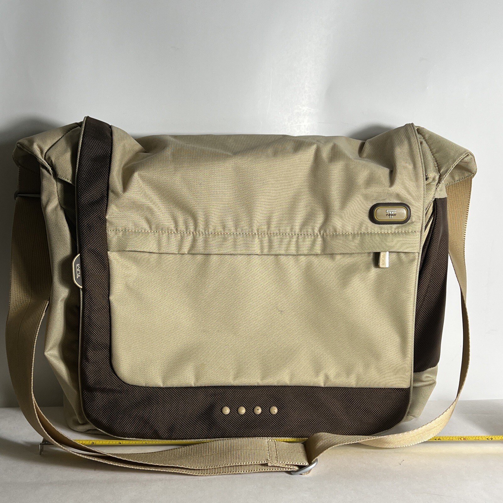 TUMI Messenger Bag Canvas Expandable Khaki Brown Tech Crossbody SEE PICTURES