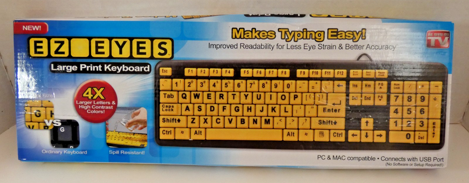 EZ EYES Large Print Yellow Contrast Keyboard PC/MAC USB Open Box 