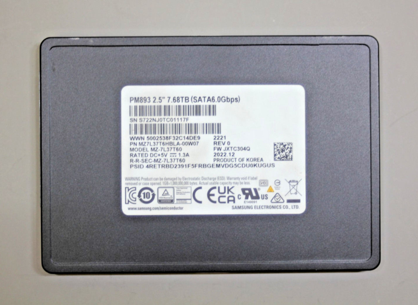 Samsung PM893 2.5'' SSD 7.68TB MZ-7L37T60 MZ7L37T6HBLA-00W07 90-99% Health