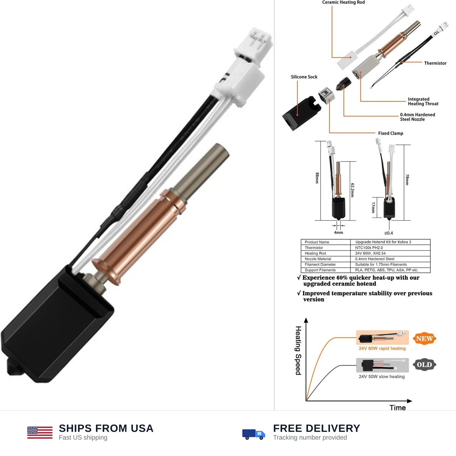 IdeaFormer-3D 24V 60W Hotend for Anycubic Kobra 3 V2 Printer Integrated Throat