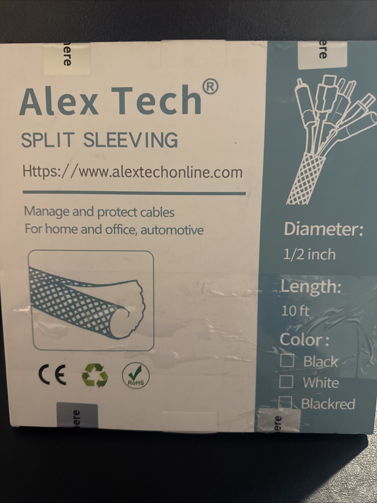 Alex Tech Split Sleeving Cable Protector 10ft - White - New
