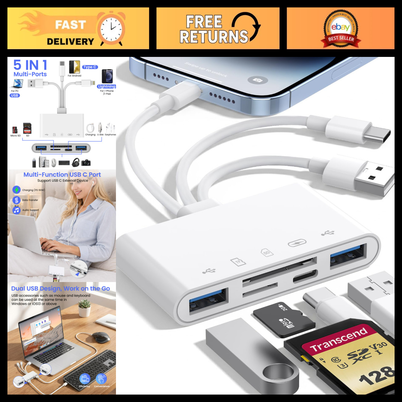 5-in-1 USB OTG Memory Card Reader & Adapter for iPhone, iPad, Mac, USB-C, USB-A