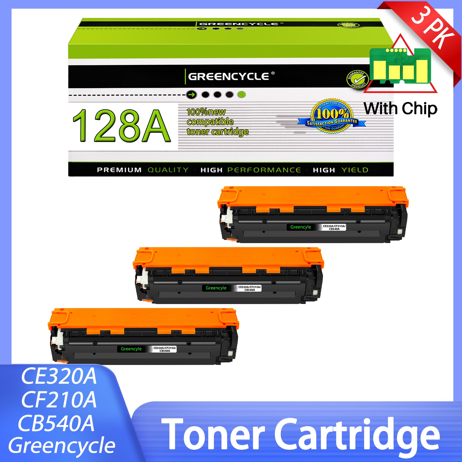 Greencycle 3PK CE320A Black Toner Fit For HP 128A Color Pro MFP CP1525nw CP1525n