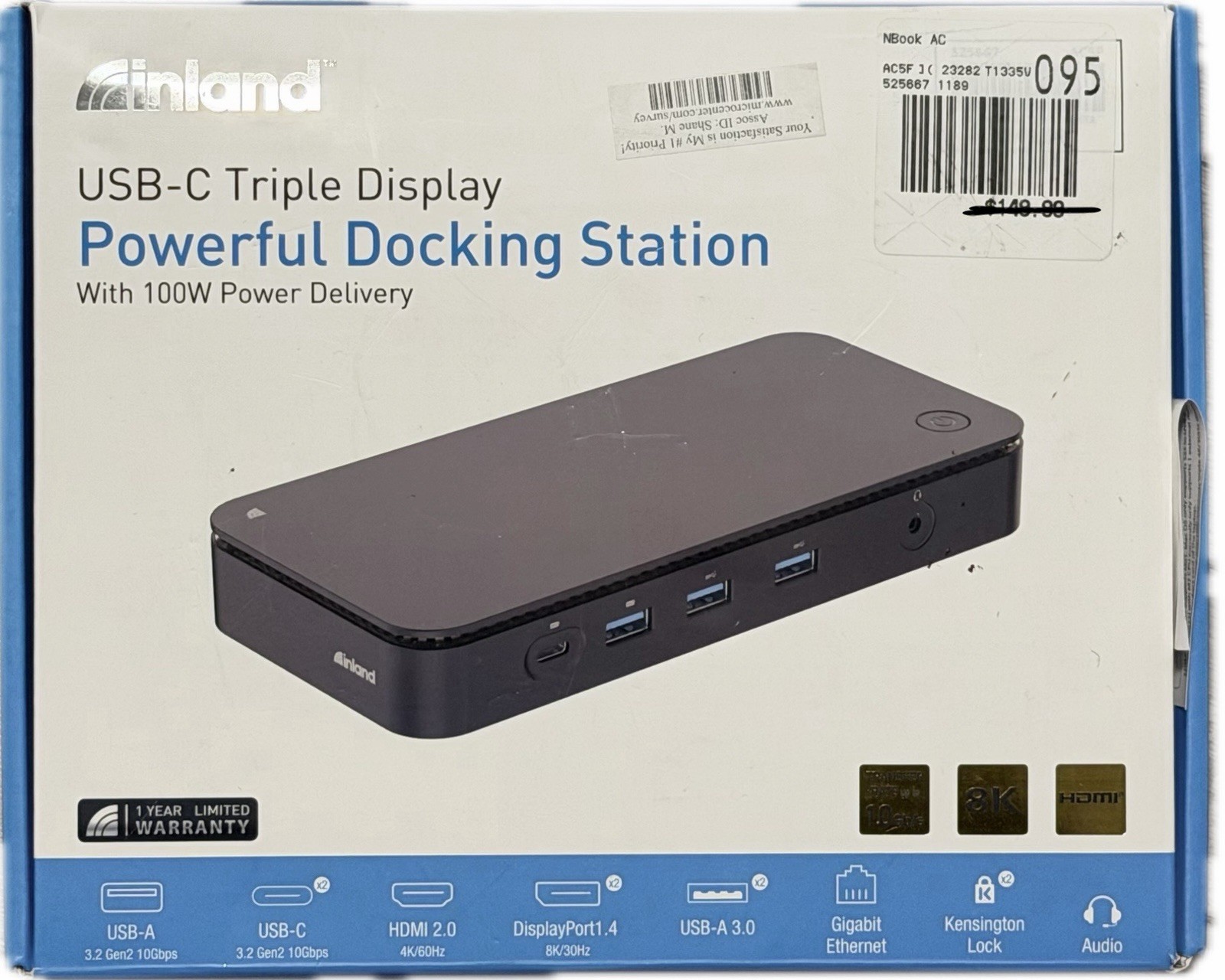 Inland USB-C Triple Display Docking Station 100W Power Delivery HDMI DP Ethernet