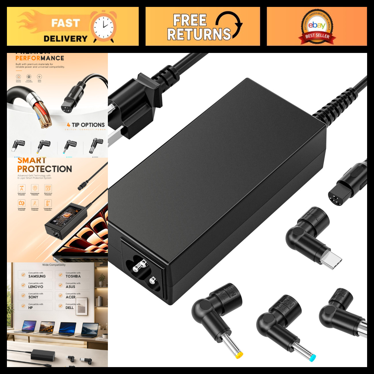 65W Universal USB C Laptop Charger, 4-in-1 AC Adapter with 3 Tips, Fast Charging